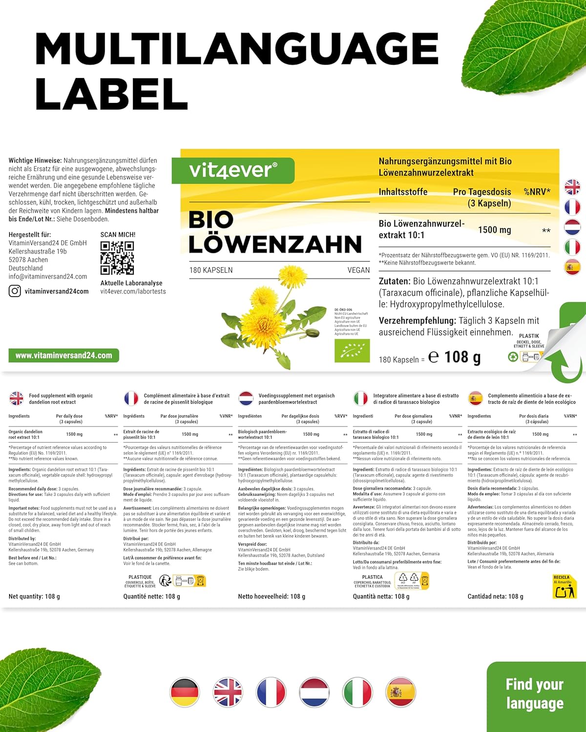 Thumbnail 5 de vit4ever Bio Löwenzahn – 180 Kapseln (1.500 mg Löwenzahnwurzelextrakt, 10:1)