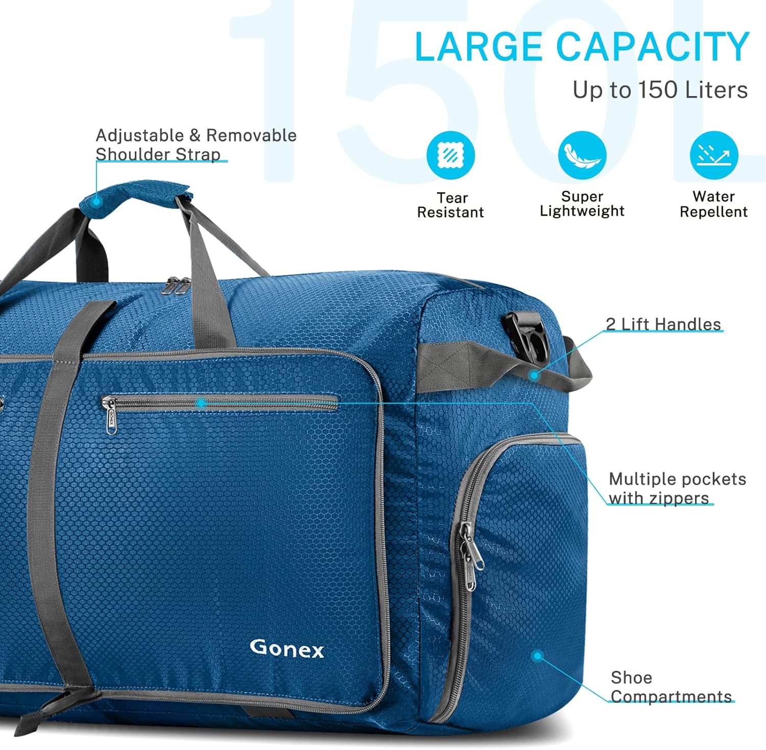 Detalle 2 de Gonex 150L Large Foldable Travel Duffle Bag with Shoes Compartment – Deep Blue