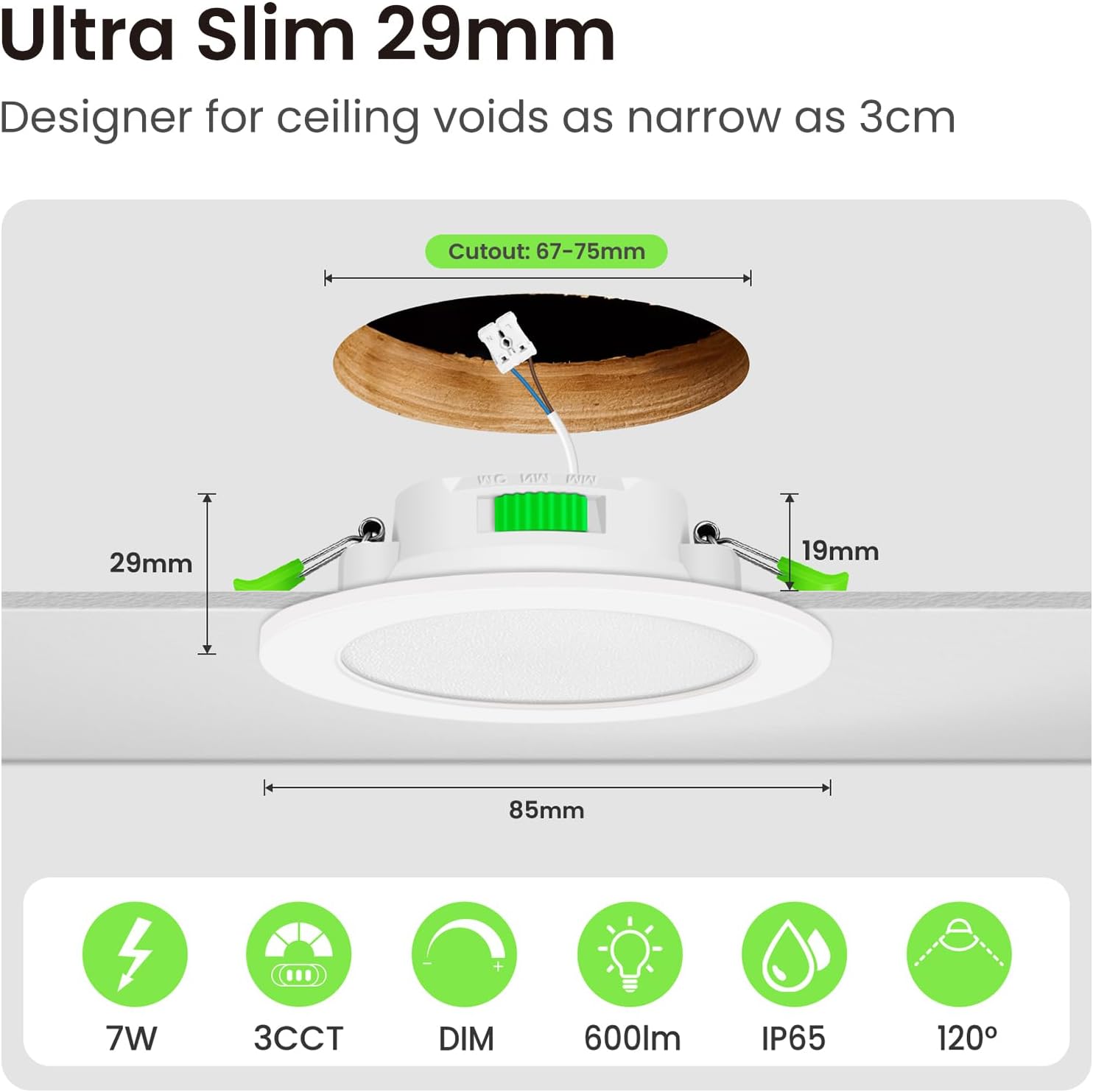 Thumbnail 1 de ALUSSO LED Einbaustrahler 7W Dimmbare 230V IP65 6er-Set – Flache Deckenspots für Badezimmer