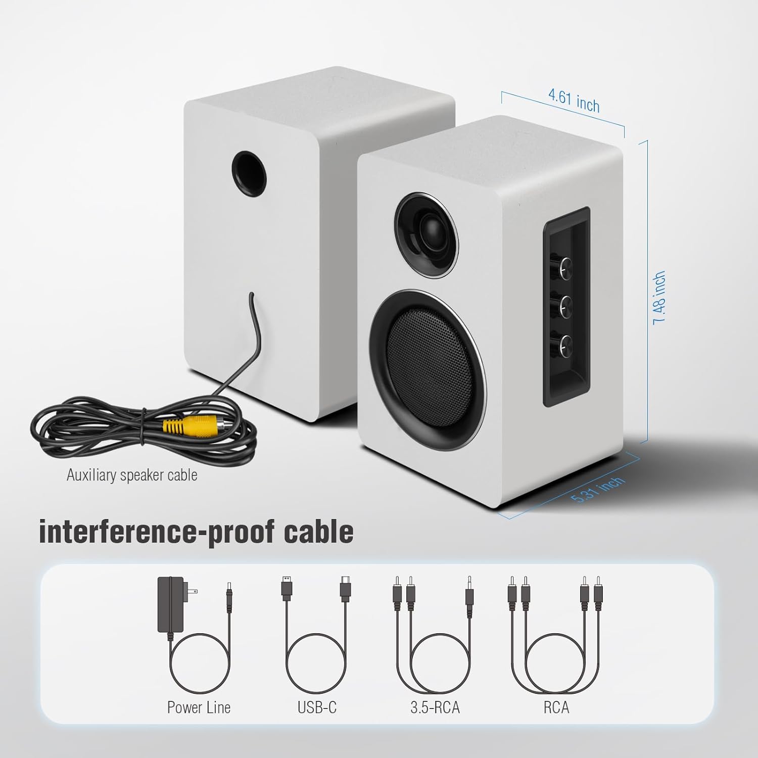 Thumbnail 6 de ZQMMSPK Active Bookshelf Speakers (60W) with Bluetooth 5.3, USB-C and AUX/RCA – White Stereo Set