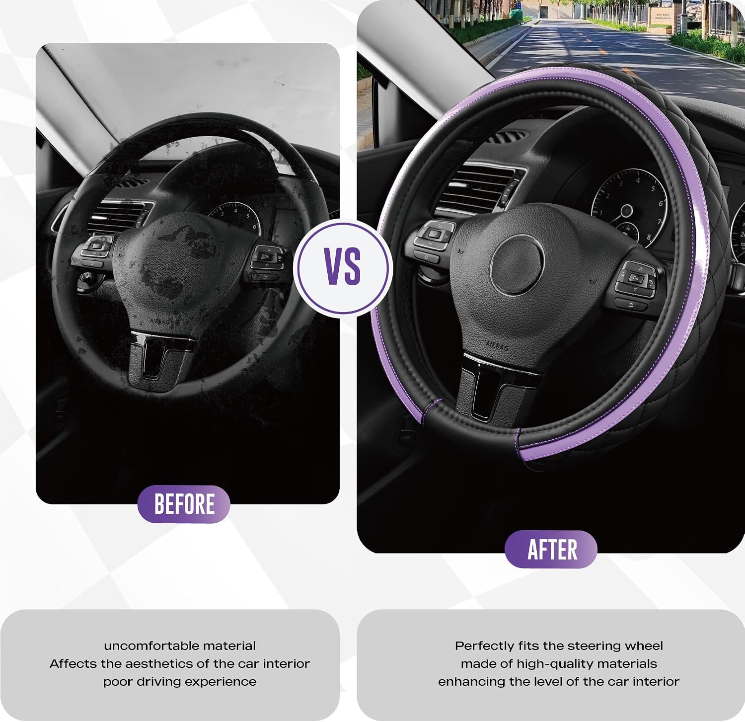 Thumbnail 2 de Road Comforts Leather Steering Wheel Cover – Black & Purple (14.5–15 Inch Universal Fit)