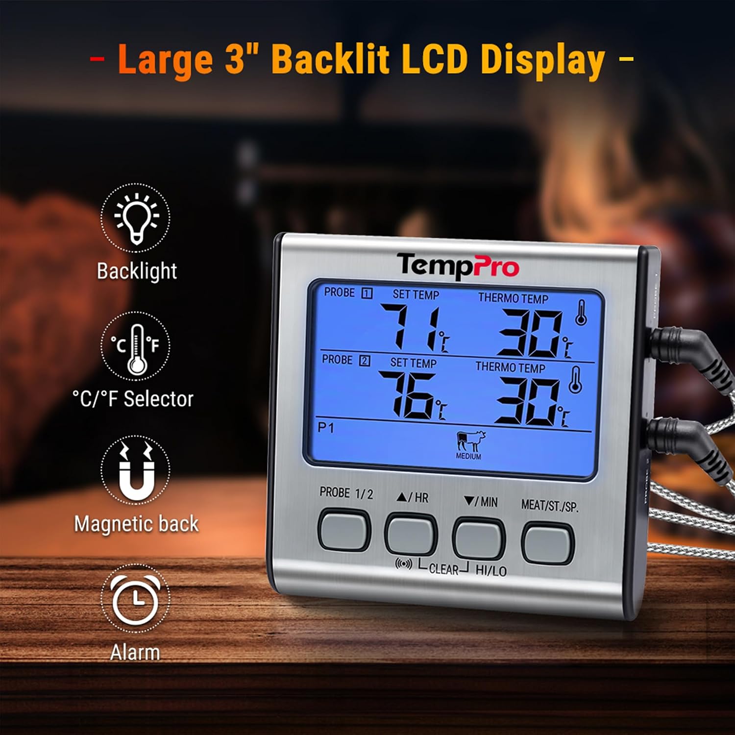 Detalle de ThermoPro TP17 digitales Grillthermometer mit zwei Edelstahlsonden und blauem Hintergrunddisplay (bis 300 °C)