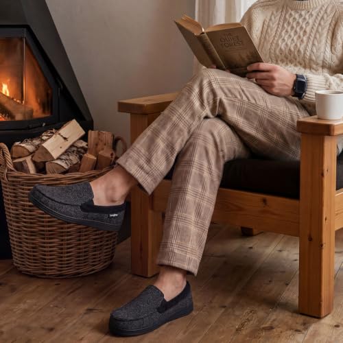 Detalle de LongBay Mens Memory Foam Moccasin Slippers Plush Fleece