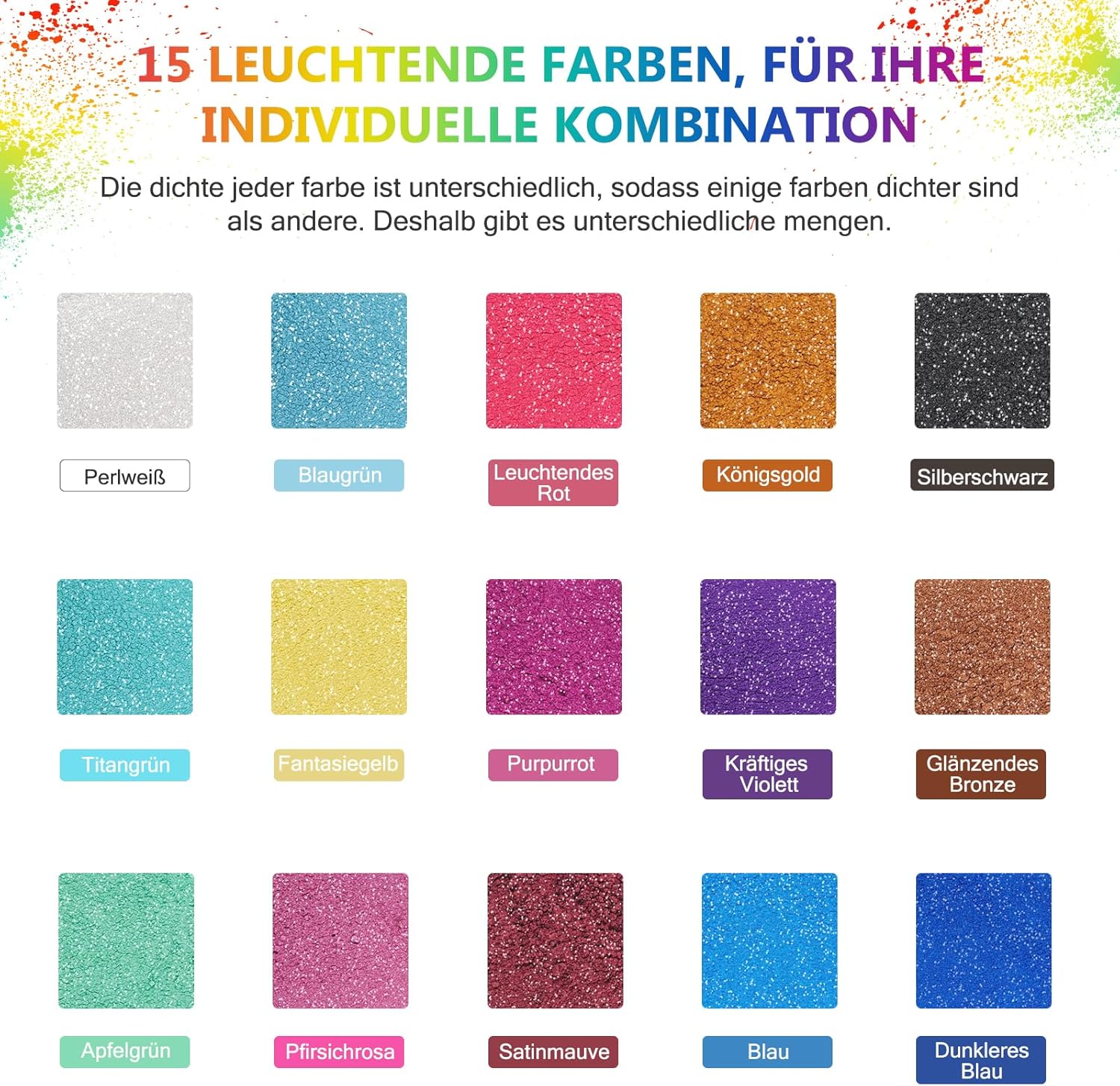Thumbnail 1 de DEWEL Epoxidharz-Mica Pulver, 15 Farben (je ca. 10 g) Perlglanz – Metallische Pigmente für Resin, Seife & mehr