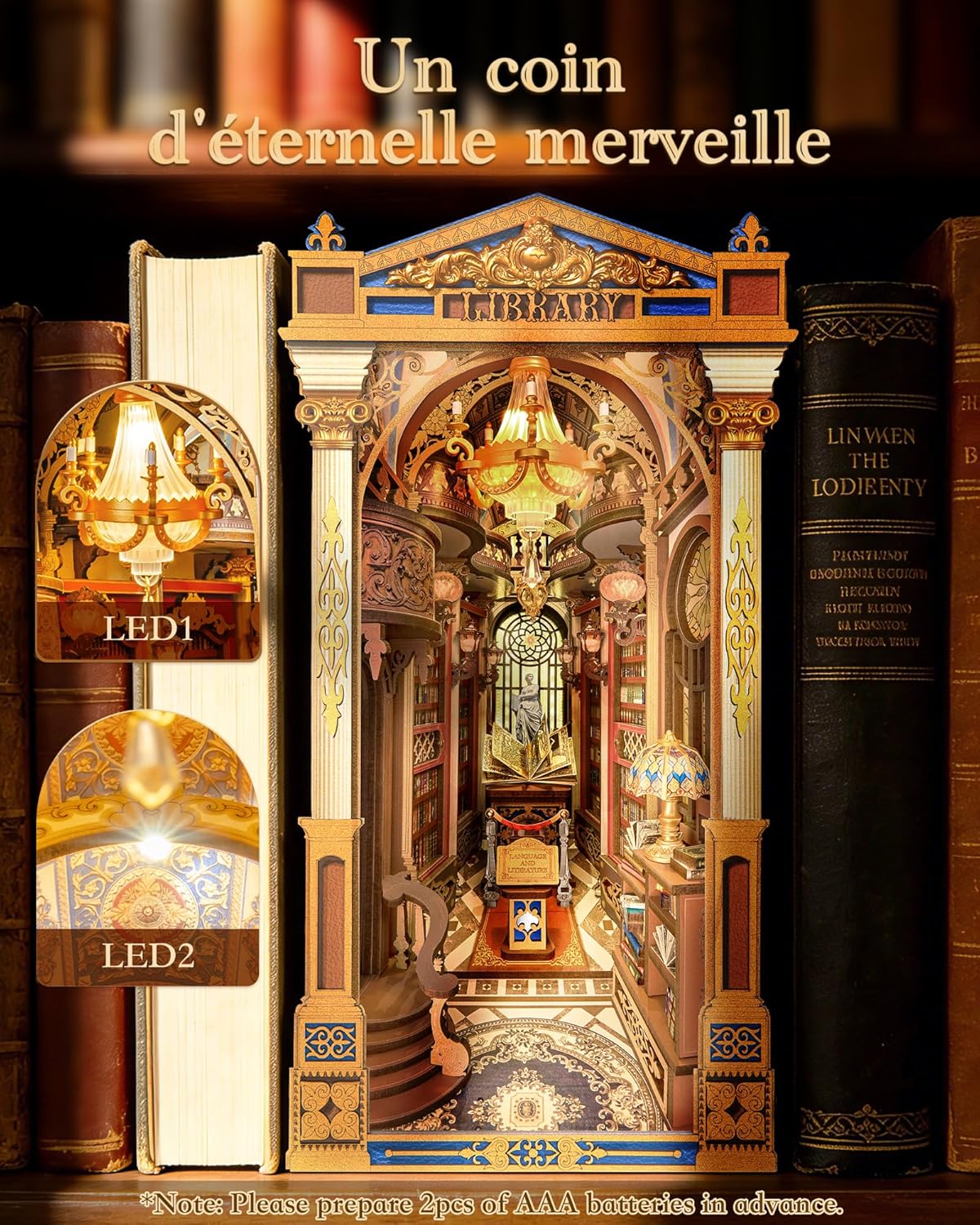 Detalle de Rolife Book Nook Library of Wonders — Puzzle 3D en bois à assembler sans colle