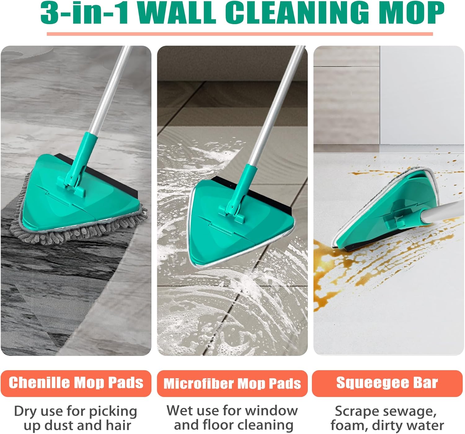 Thumbnail 1 de JEHONN 200CM Wall Cleaning Mop with Long Handle and 6 Microfibre Chenille Pads (Green)