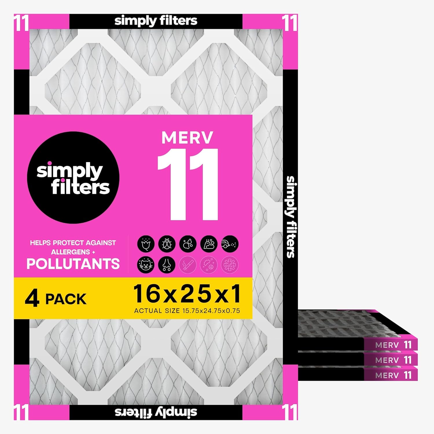 Simply 16x25x1 Air Filter, MERV 11 — 4 Pack for Home HVAC