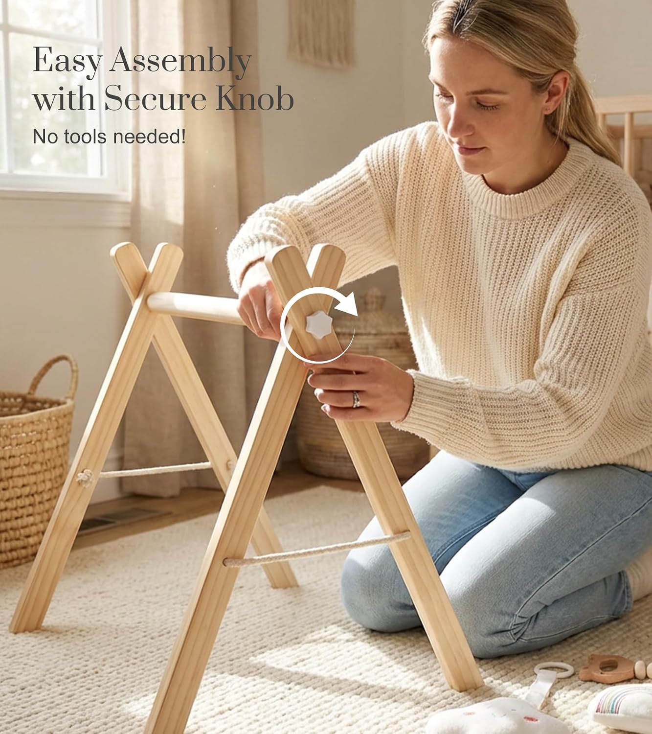 Detalle de Mallify HTBG-01 Wooden Baby Gym with 6 Hanging Toys, Foldable Pine Frame