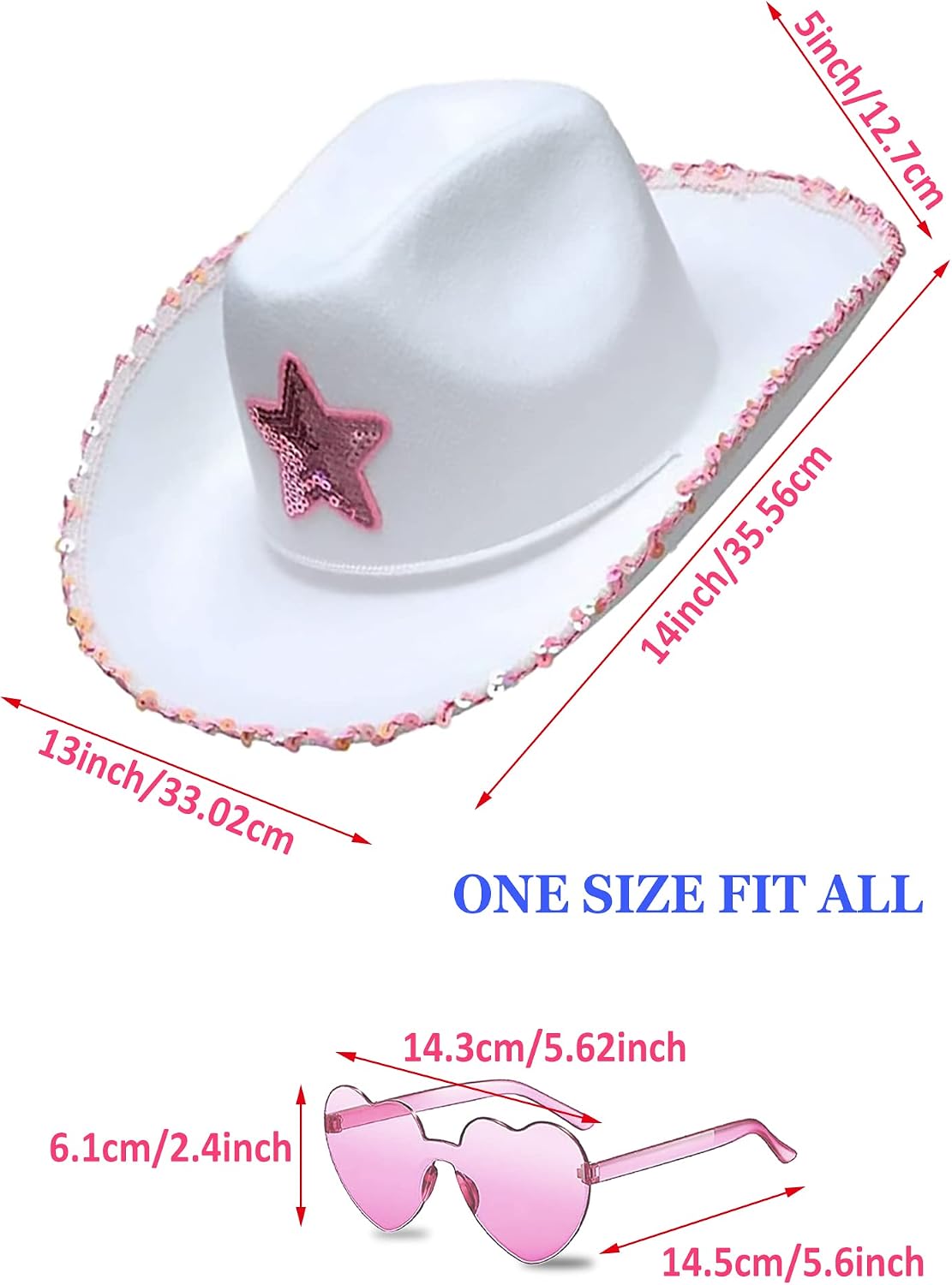 Detalle de db11 Pink Cowboy Hat with Sequins and Heart Glasses (White & Pink) – A Fun Party Accessory