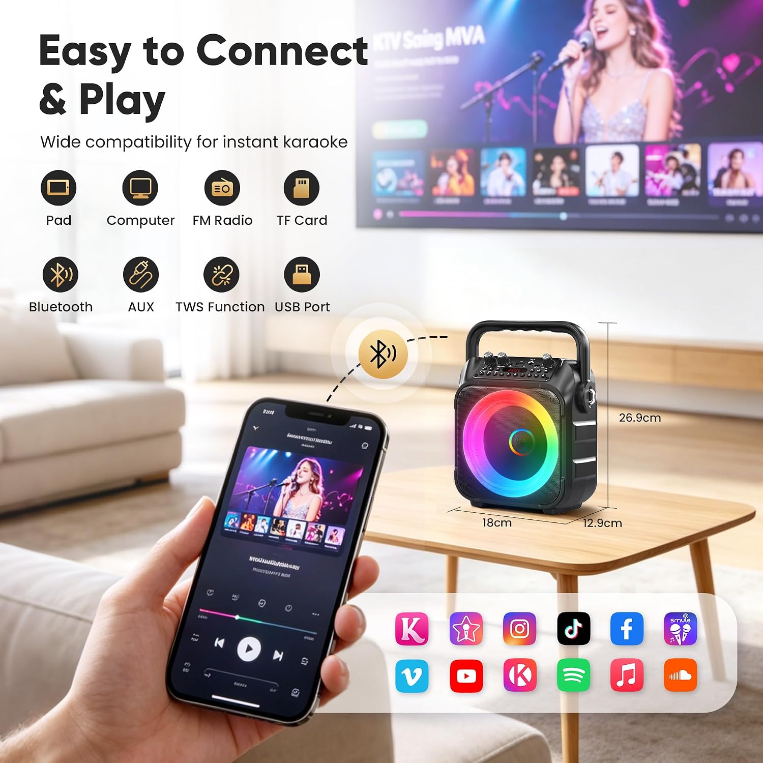 Detalle de Karaoke Machine with 2 Wireless Microphones: Portable Bluetooth Speaker for Home & Parties
