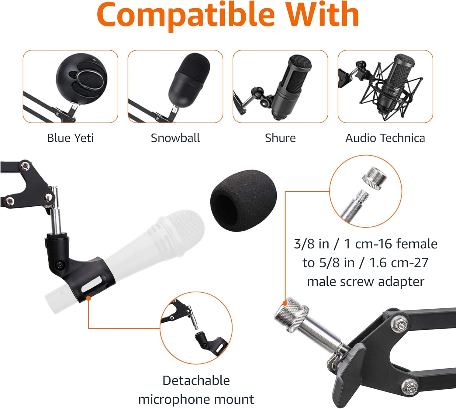 Detalle de Amazon Basics Adjustable Microphone Arm Stand with Pop Filter & Foam Windscreen (14-inch) – Table Mount, 360° rotation