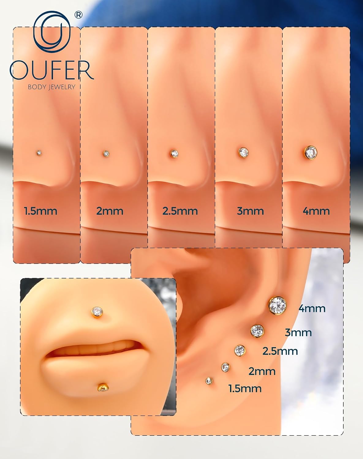 Detalle 2 de OUFER 2Pcs Threadless Nose Stud 4mm 💎