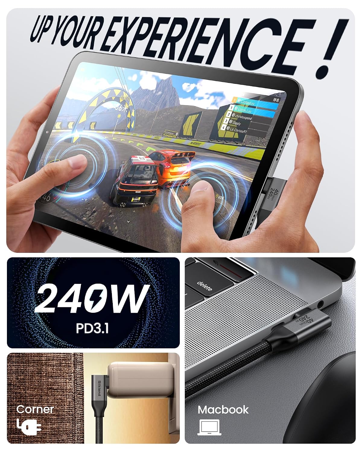 Thumbnail 4 de Silkland Long Right Angle 40Gbps USB4 Cable (10ft/3m) for Thunderbolt 4, 5K/4K@60Hz + 240W Charging