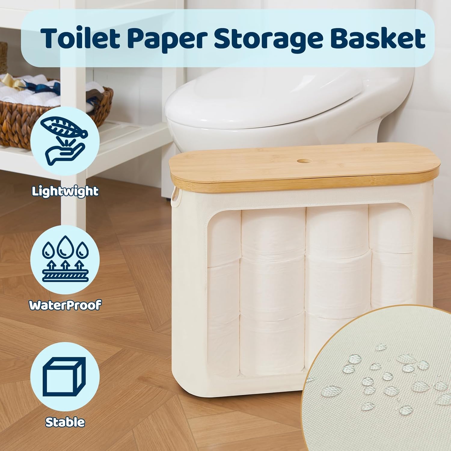 Detalle 2 de ROSOS Toilet Paper Storage for 12 Rolls with Bamboo Lid 🧻