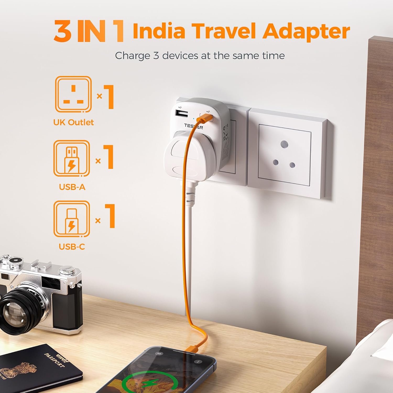 Thumbnail 4 de TESSAN UK to India Plug Adapter 2-pack with USB-A and USB-C 🔌