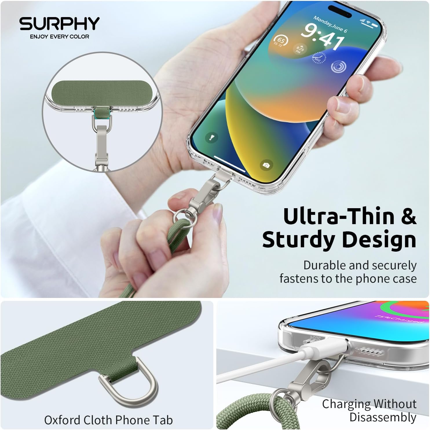 Thumbnail 3 de SURPHY Phone Lanyard Crossbody with 2 Tether Tabs, Adjustable Army Green
