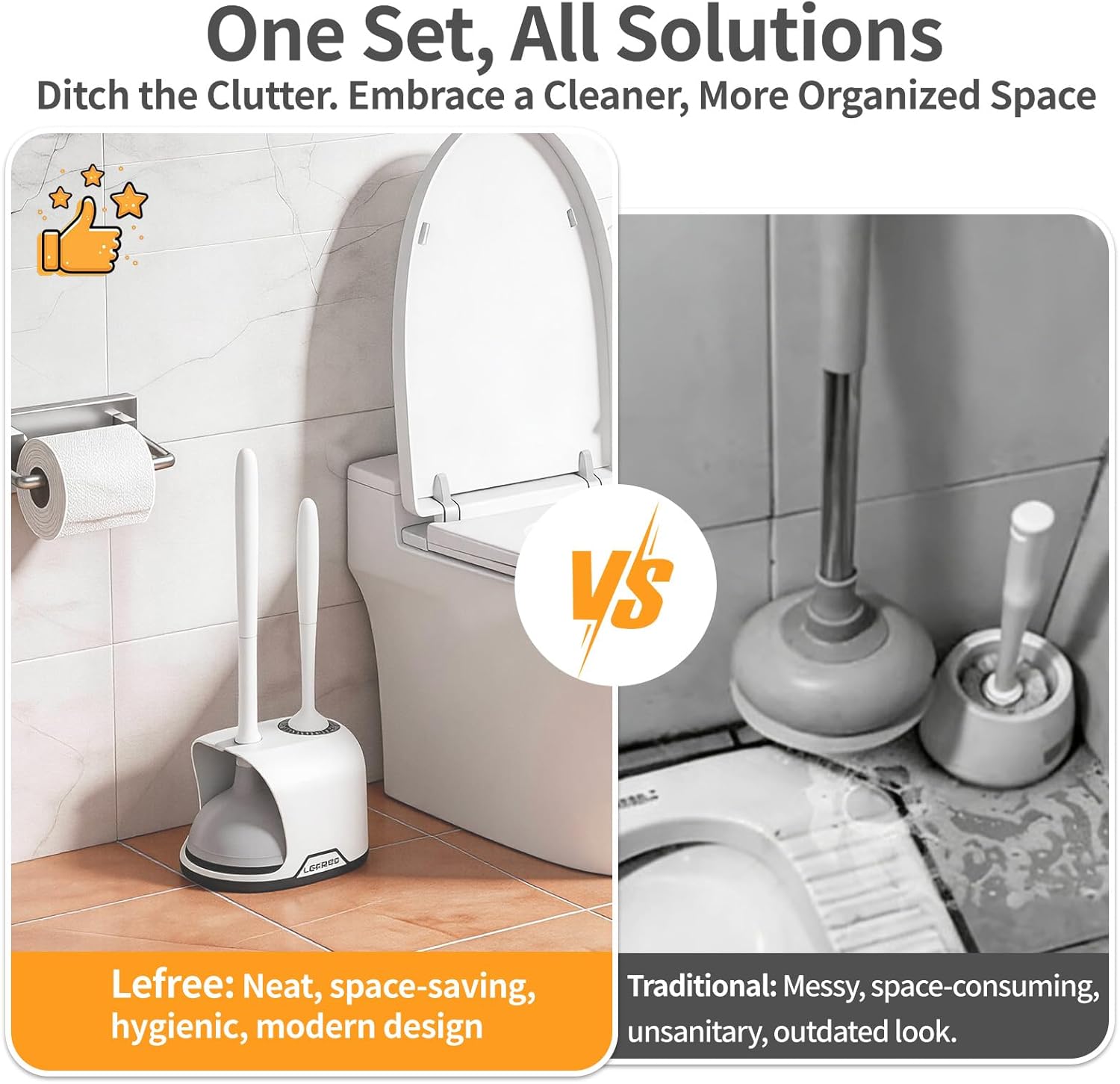 Thumbnail 3 de Lefree 2-in-1 Toilet Brush and Plunger Set with Silicone Bristles — Deep Cleaning in a Compact Design