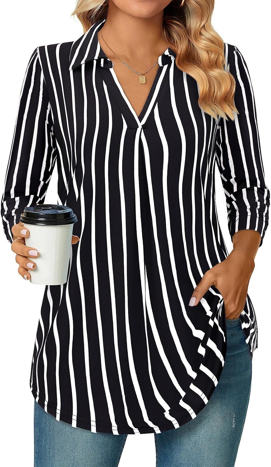 Thumbnail 4 de Siddhe Damen Bluse V-Ausschnitt 3/4 Ärmel Langarm Shirt