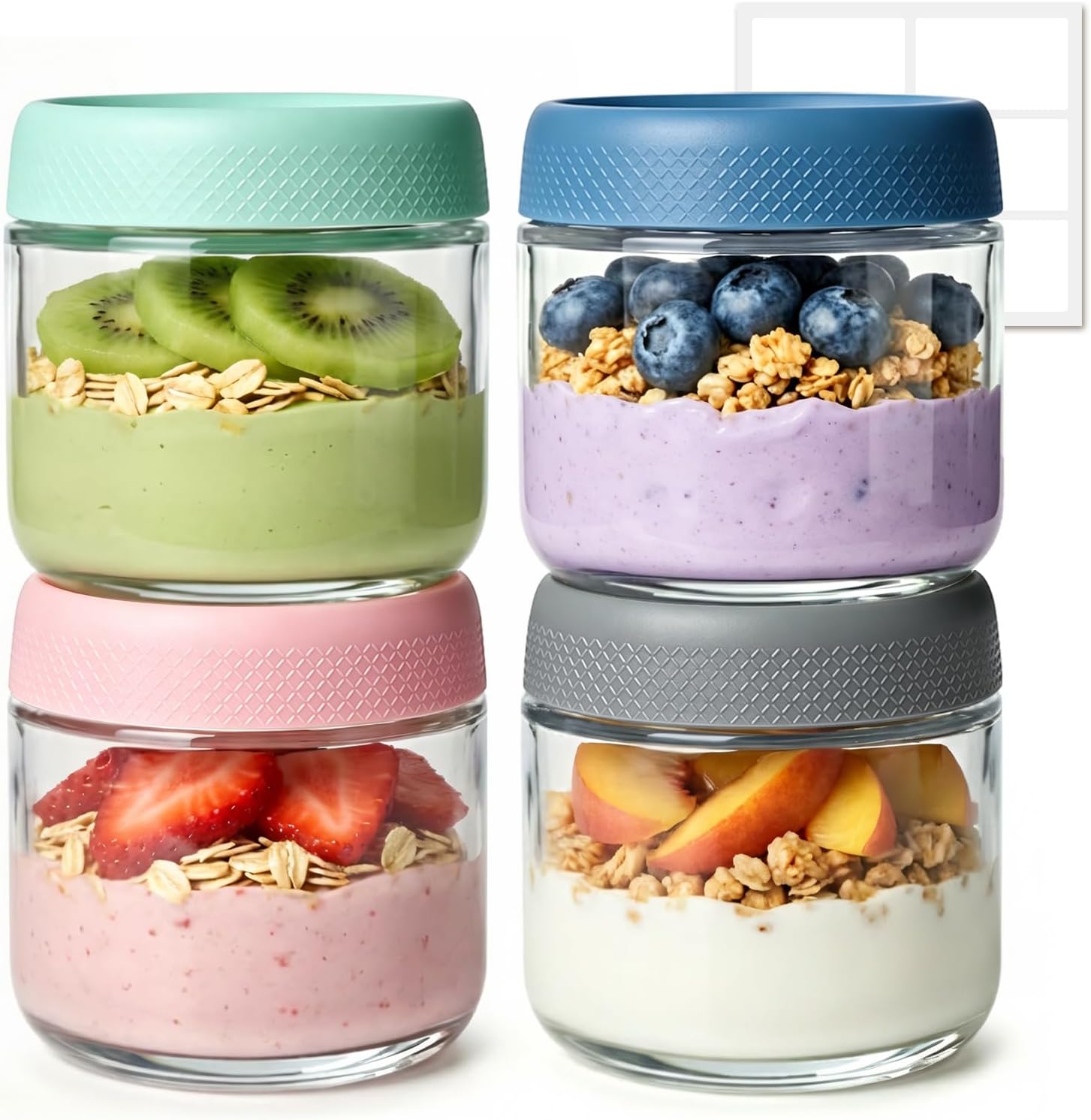 Detalle de ComSaf Glass Overnight Oats Jars, 300 ml, Set of 4 with Colour-Coded Lids