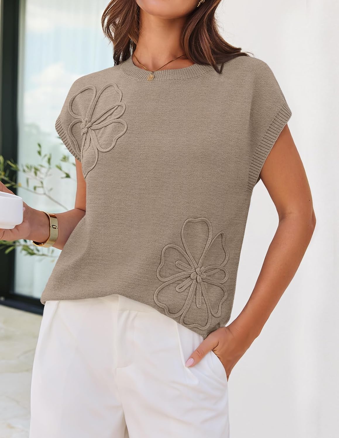 Thumbnail 2 de MEROKEETY Women's Summer Floral Knit Sleeveless Sweater Vest — Lightweight, 3D Floral Detail