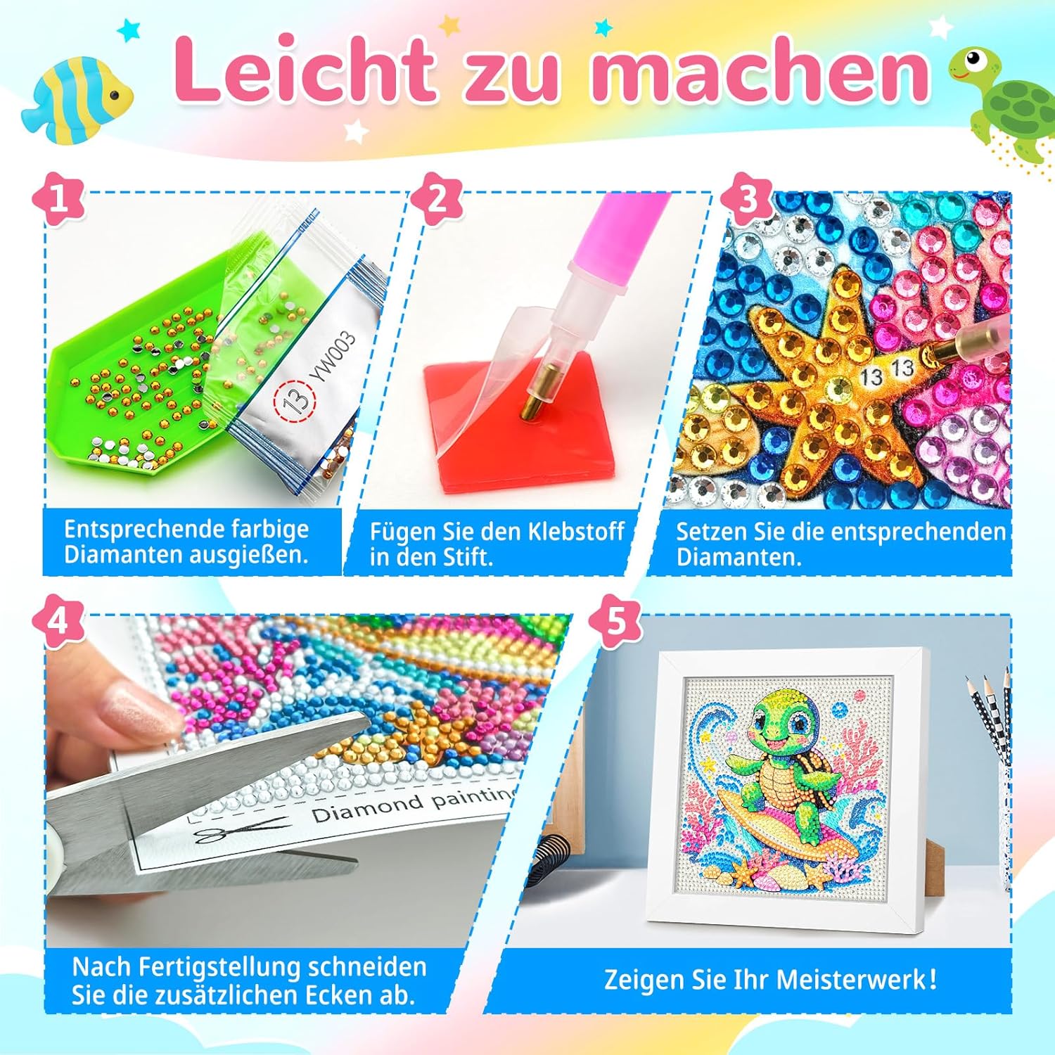 Thumbnail 5 de jieyisier Schildkröten Diamond Painting mit Holzrahmen (5D), 15 x 15 cm – für Anfänger