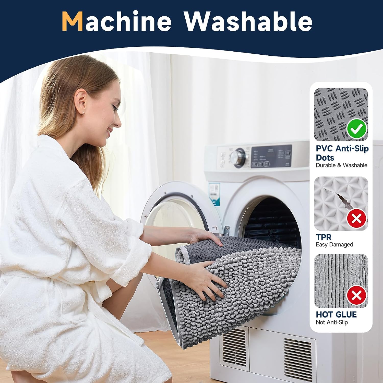 Detalle 2 de Ophanie 30 x 20 Chenille Bath Mat, Gray, Machine Washable