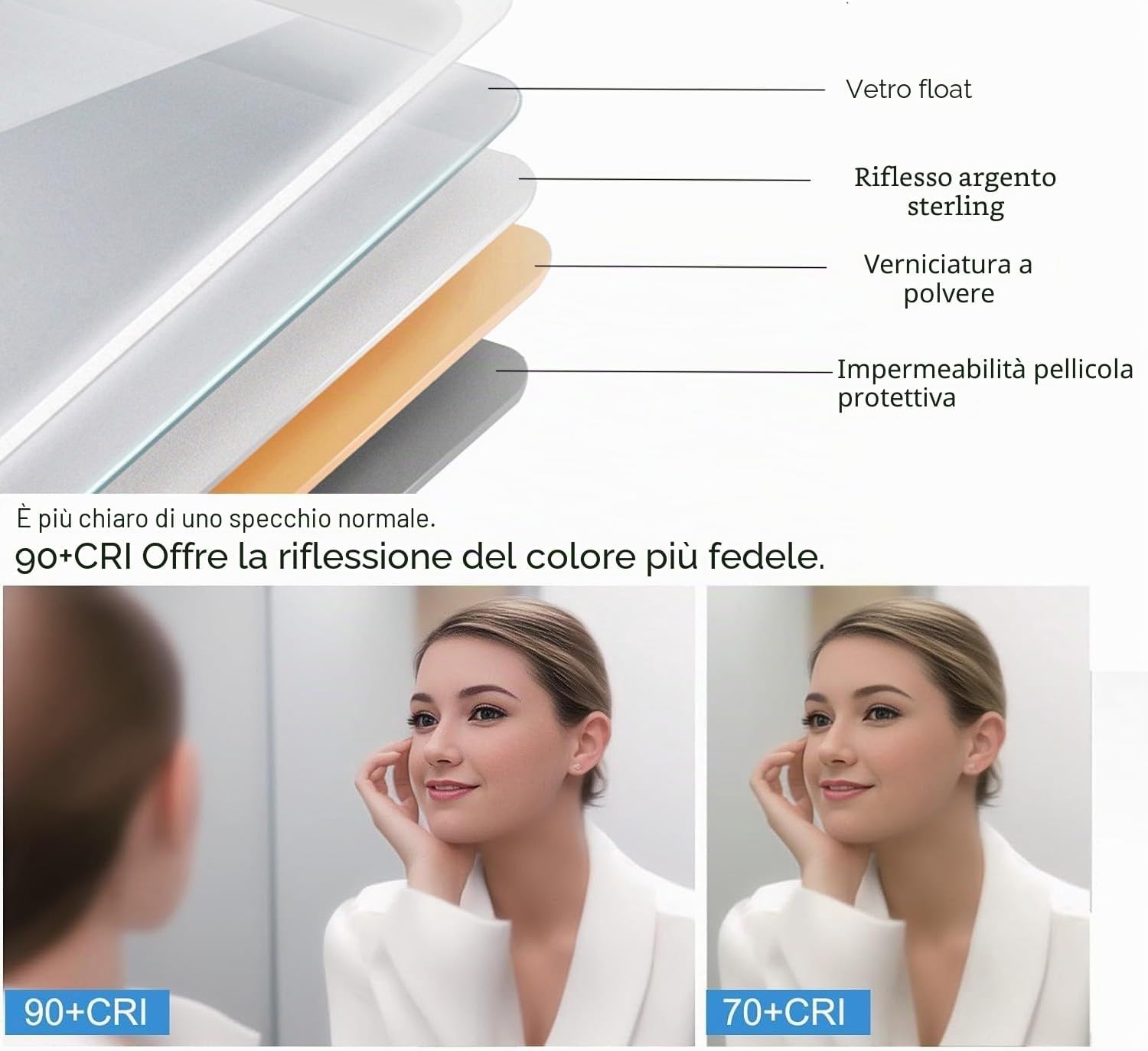 Thumbnail 6 de MIQU Specchio da bagno LED 80x60 cm con touch, luce dimmerabile e antiappannamento