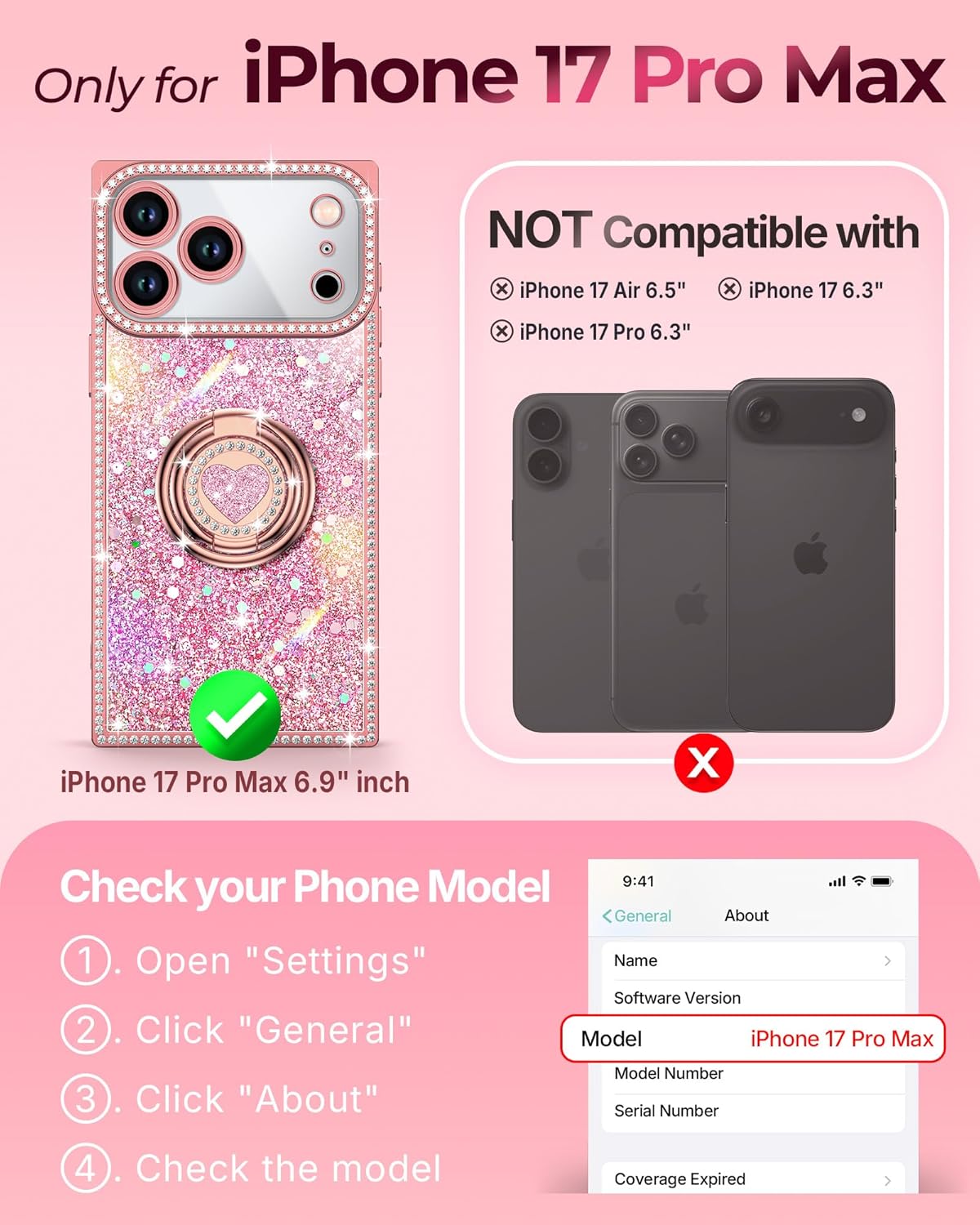 Detalle de XYZ Glitter Bling Case for iPhone 17 Pro Max – Pink with 2-Ring Heart Stand & Lanyard