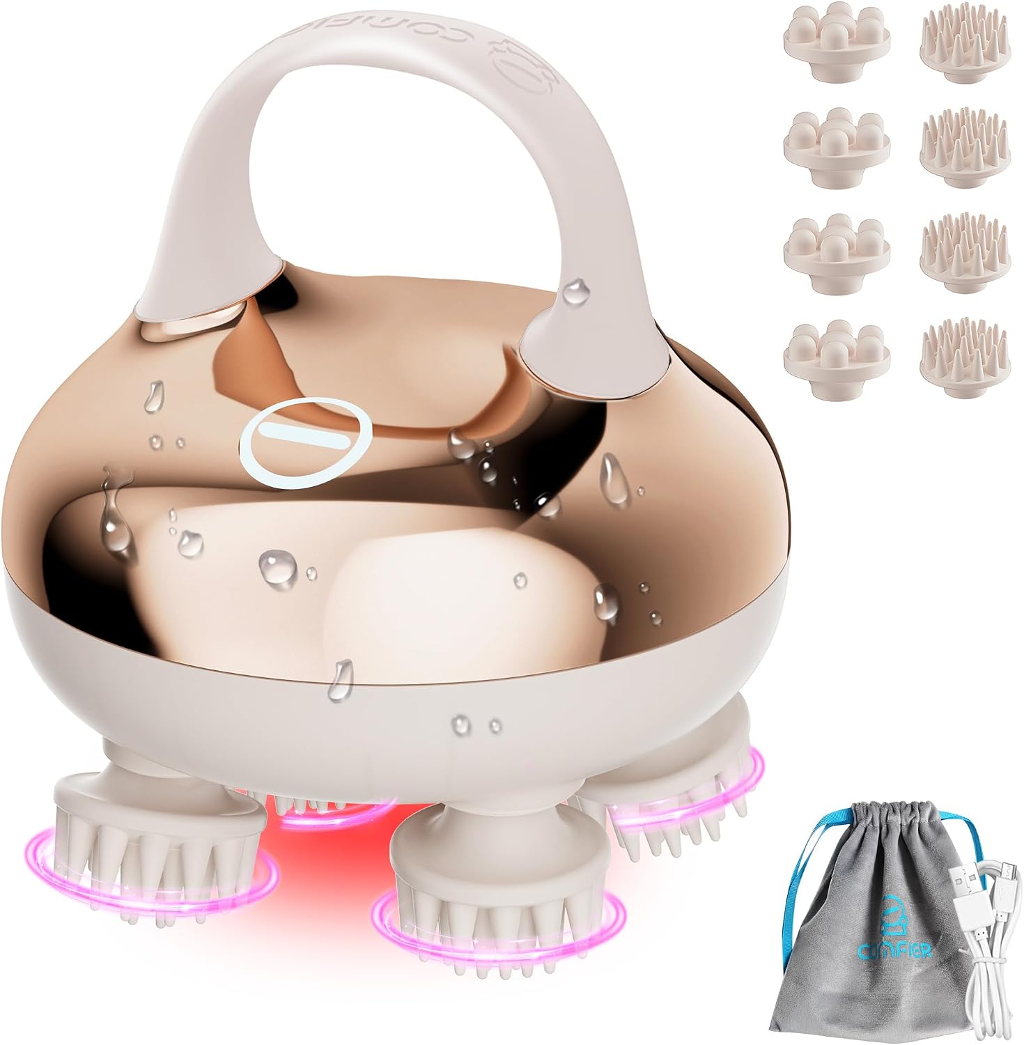 Detalle de COMFIER elektrisches Kopfmassagegerät mit Rotlicht, IPX7, 8 Massageköpfen & 3 Modi (Golden)