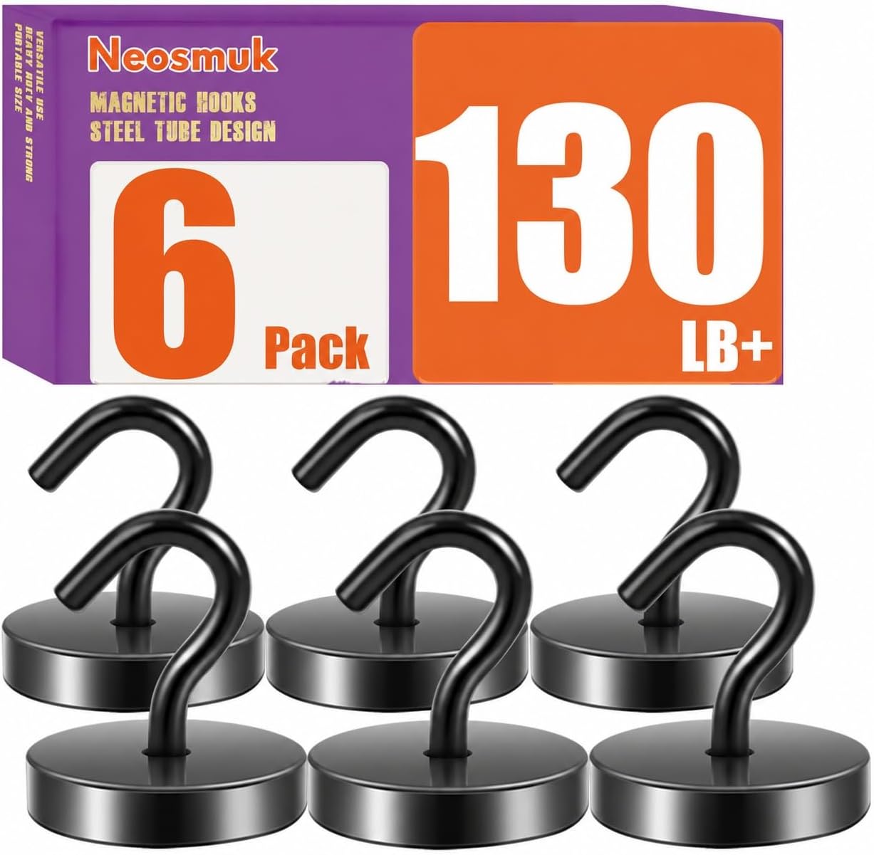 Detalle de Neosmuk Steel Tube Magnetic Hooks, Black 6-Pack for Metal Surfaces
