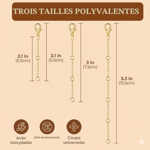 Detalle 2 de GWEOR Rallonges de chaîne dorées en acier inoxydable, trois longueurs