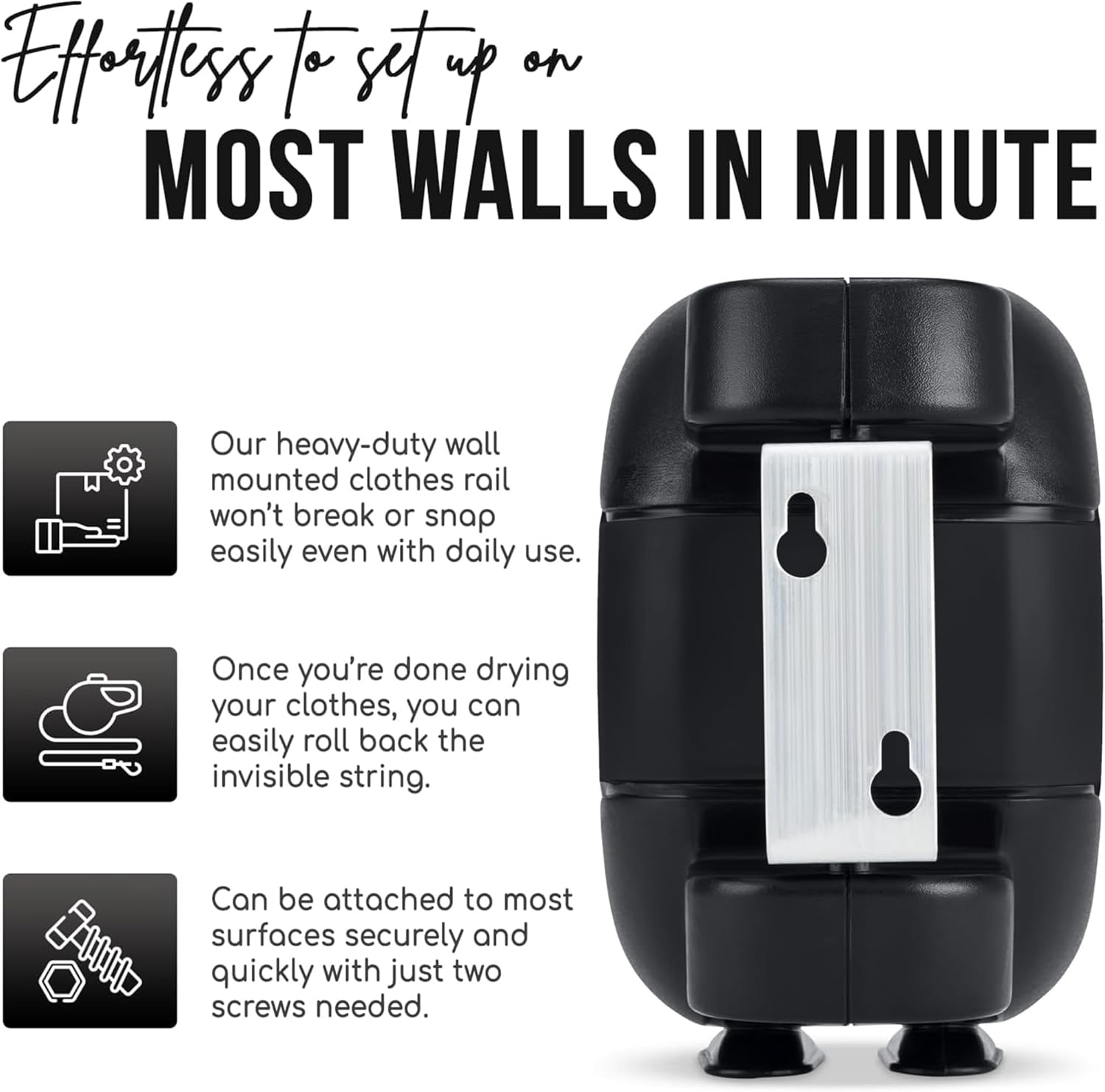 Thumbnail 1 de SA Products Wall Mounted Twin Cable Retractable Washing Line (2x15m, 30m extendable) – All Black