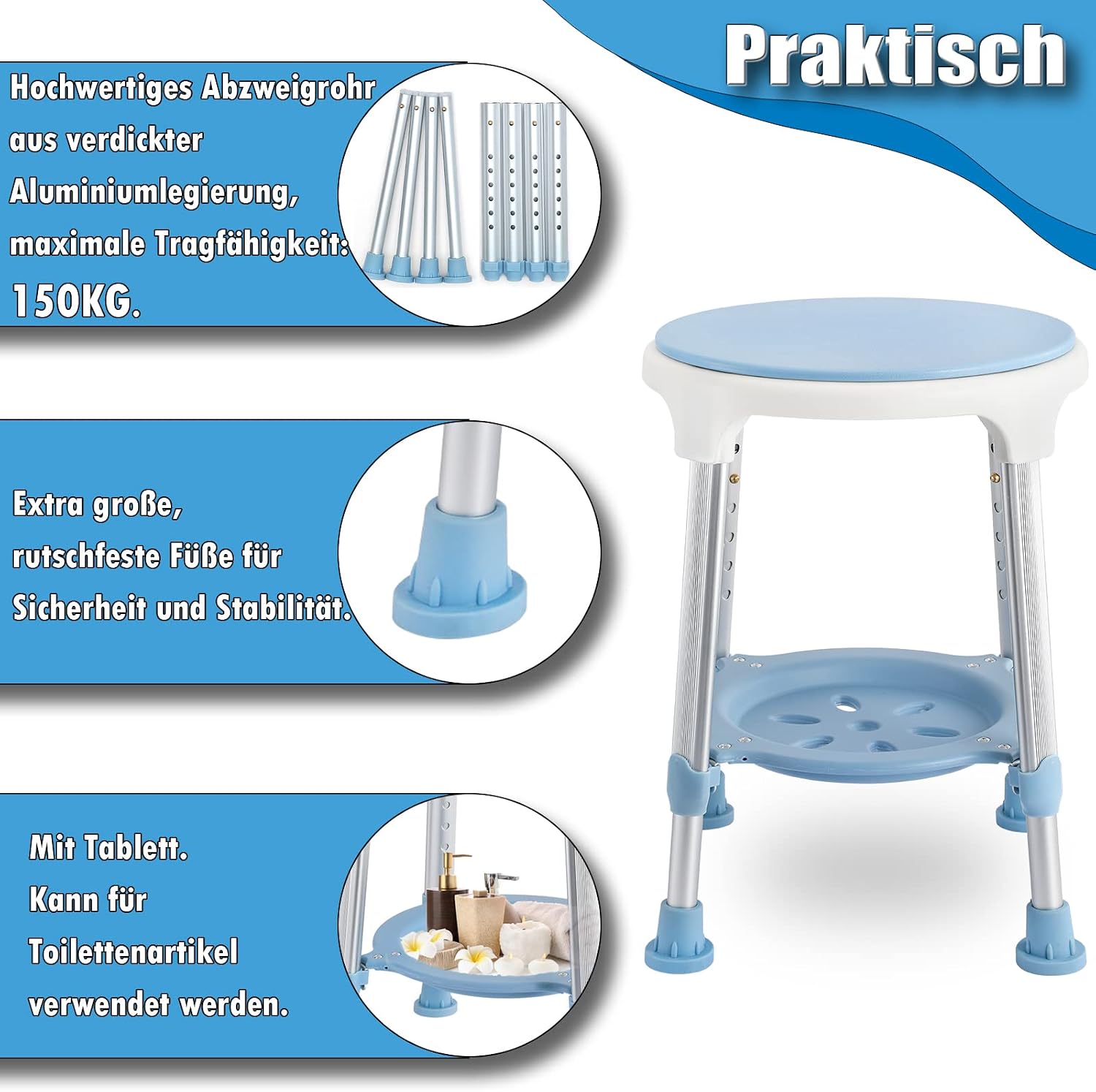 Detalle de LZQ-(HAG1326) Adjustable Shower Stool with 360° Rotating Tray