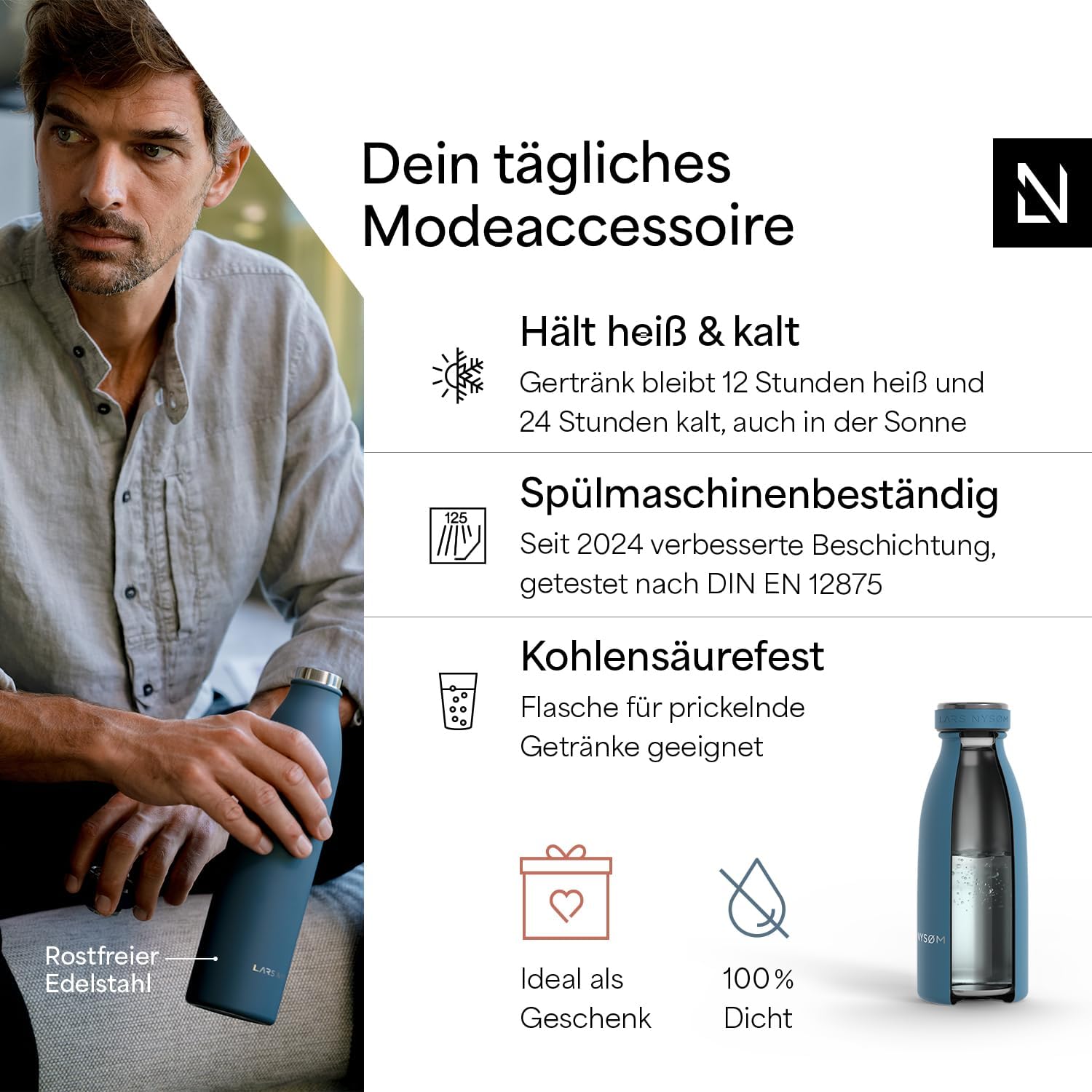 Detalle 2 de LARS NYSØM Edelstahl-Trinkflasche Ren (Calypso Blue) – 350 ml bis 1,5 l, thermos- und kohlensäuregeeignet
