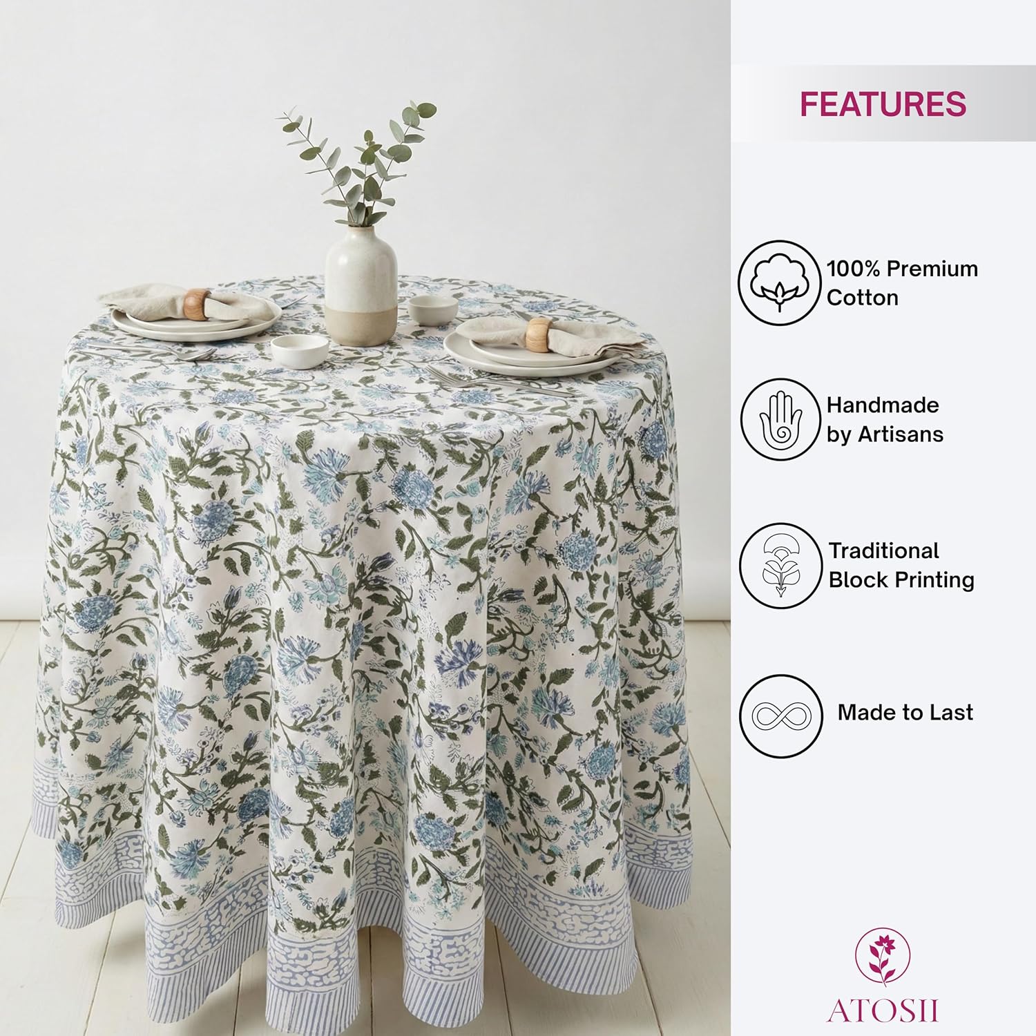 Detalle de ATOSII Mahoka Blue 90-Inch Round 100% Cotton Tablecloth