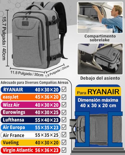 Detalle de LYNXCHER Mochila 40x30x20 cm: equipaje de mano aprobada para Ryanair y más, 24L, 15,6 pulgadas