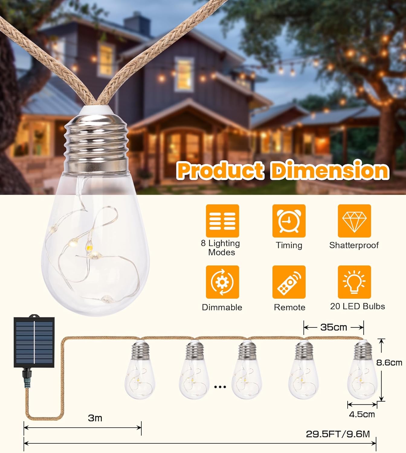 Thumbnail 1 de LITOHOM Solar Festoon String Lights Outdoor (9.6m/31.5ft) with 20 S14 Shatterproof Bulbs, IP65