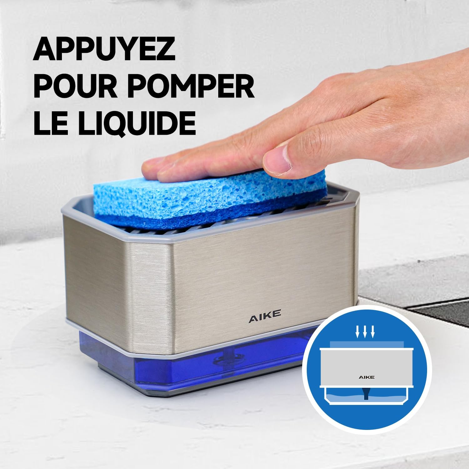 Detalle 2 de AIKE AK1061 240 ML Distributeur Savon Cuisine en Acier Inoxydable – 2 en 1, pratique et élégant