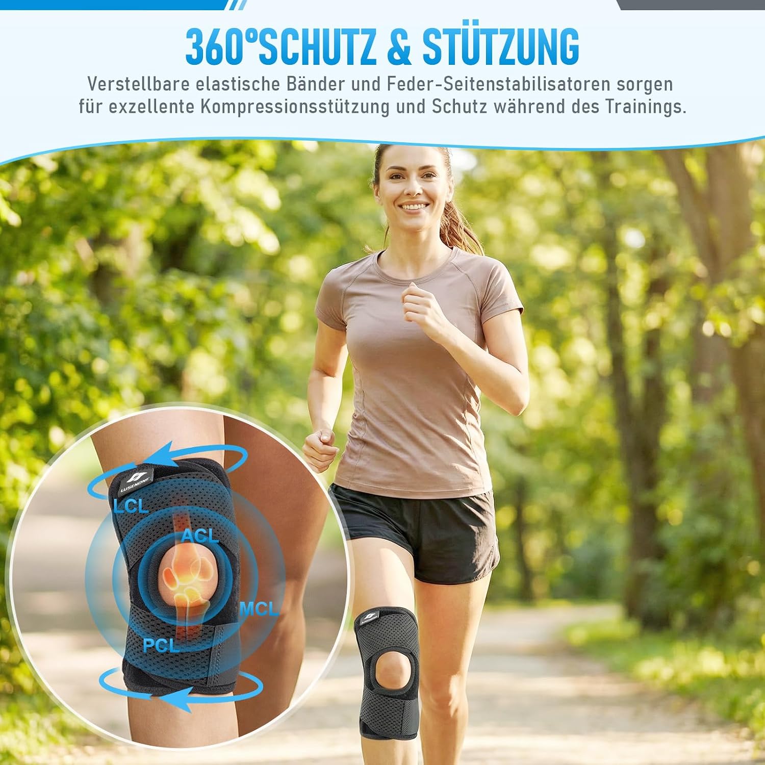 Detalle 2 de Lusenone Kniebandage für Damen & Herren – Verstellbare Kniestütze mit Seitenstabilisatoren