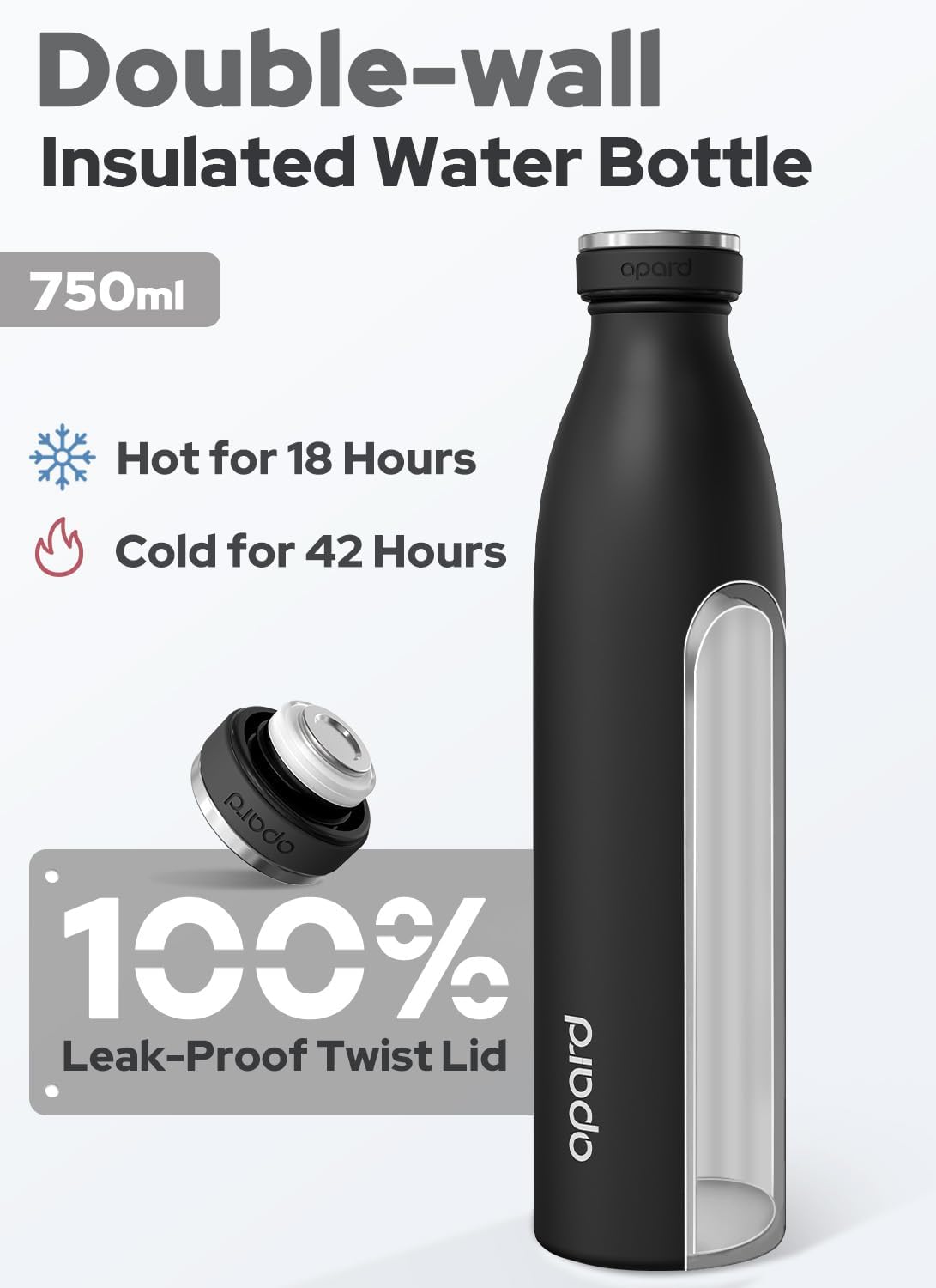 Detalle de Opard insulated stainless steel water bottle (750ml) in Midnight Black — 42hrs cold / 18hrs hot, leakproof