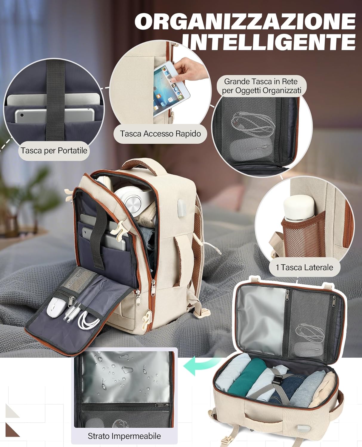 Detalle 2 de VANKEV Zaino Ryanair 40x20x25 beige 20L con vano PC fino a 14 pollici