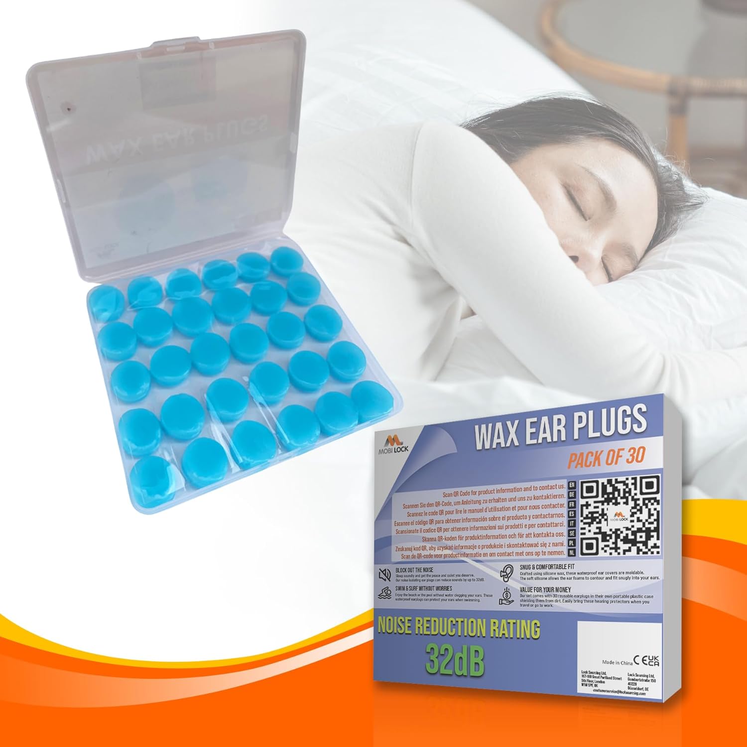 Detalle de Mobi Lock lot de 30 bouchons d’oreille réutilisables en cire de silicone, réduction du bruit 32 dB (bleu) avec étui