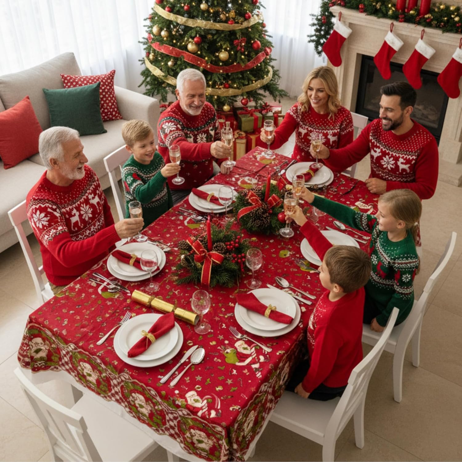 Thumbnail 3 de Nappe de Noël o-day rectangulaire en coton ou polyester — 12 places 140x240 cm, Rouge • Magie des Cadeaux, fabriquée en Italie