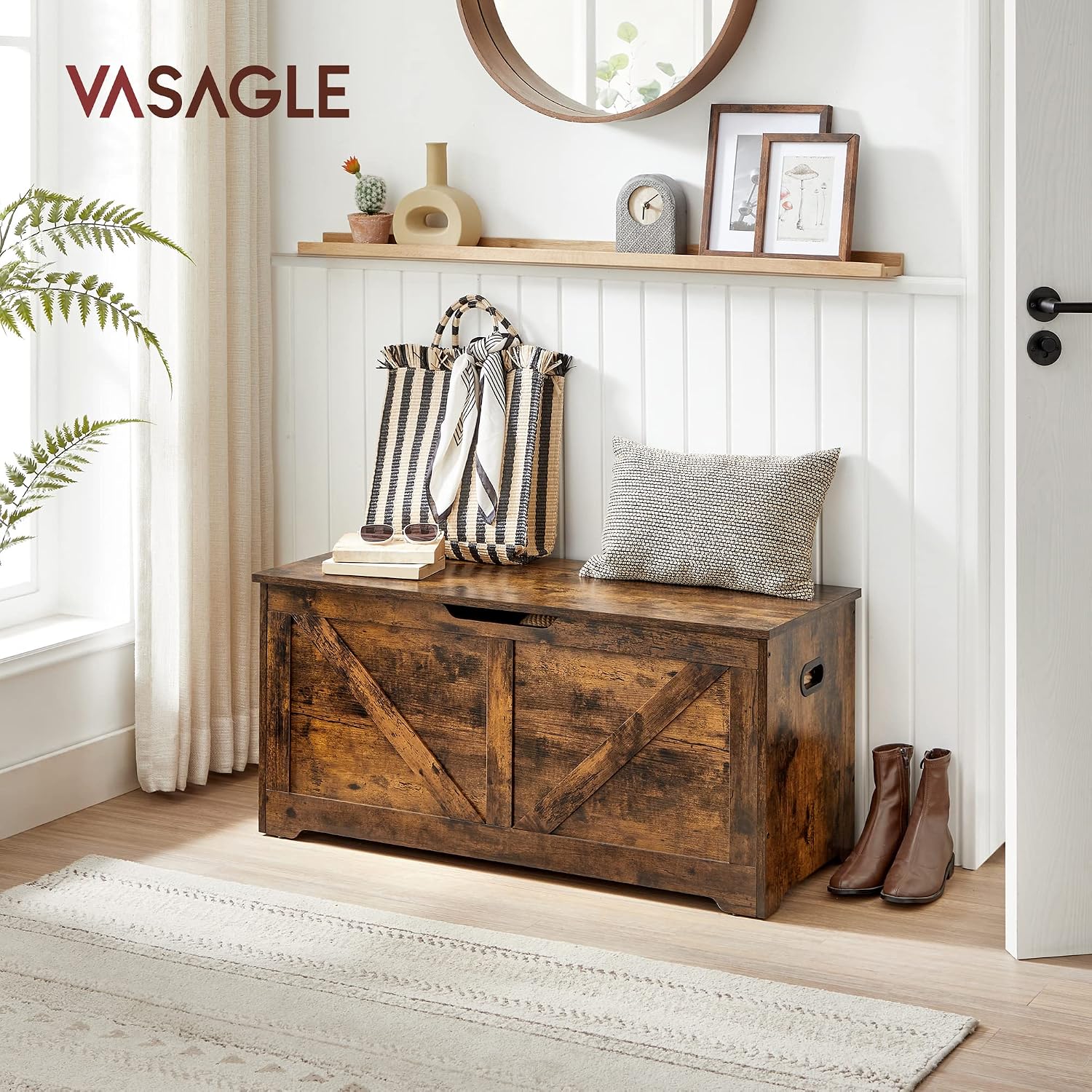 Detalle de VASAGLE LSB060T01 förvaringsbänk och skobänk i vintagebrun spånskiva