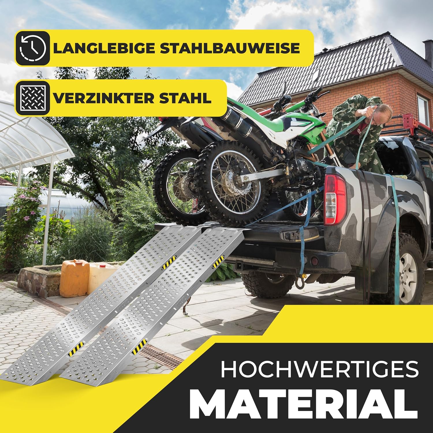 Detalle de MASKO 2X Auffahrrampe (verzinkter Stahl) – Verladerampe/Verladeschiene mit Antirutsch, max. 200 kg pro Rampe (400 kg pro Paar)