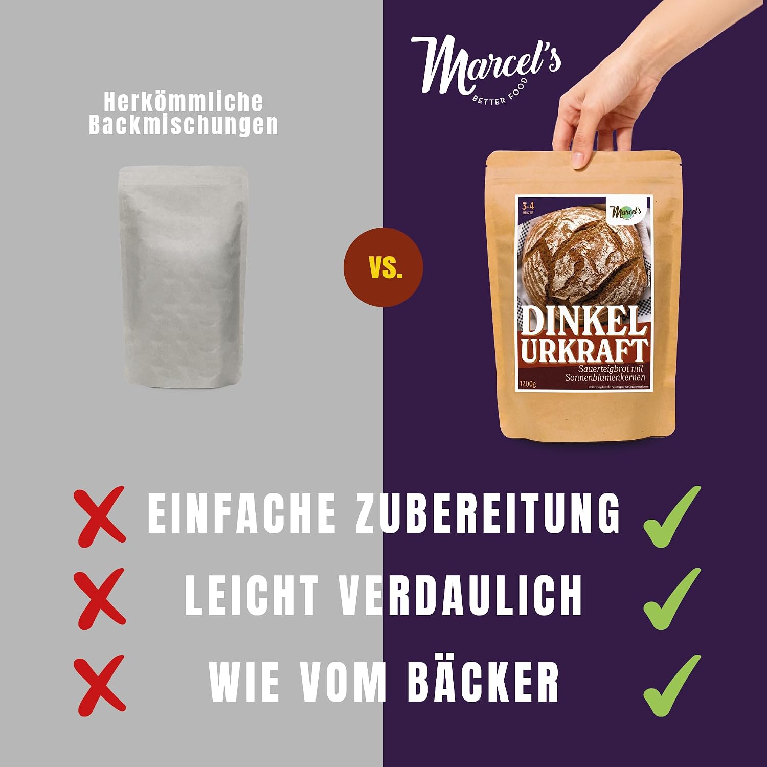 Detalle de Marcel’s Brotbackmischung Dinkel Urkraft (1.200 g) – 100% Sauerteigbrot ohne Weizenmehl, vegan