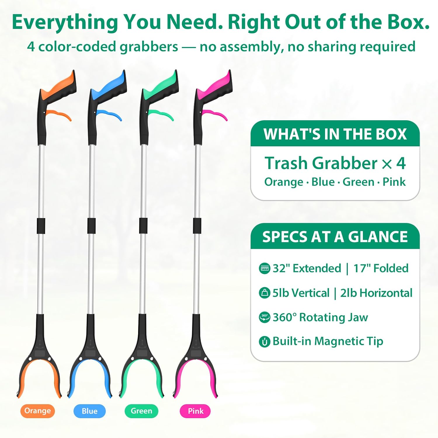 Detalle 2 de rewkcy 4 Pack Litter Pickers Grabber Stick, 32in Heavy-Duty Reach with 360° Rotating Jaw and Magnetic Tip