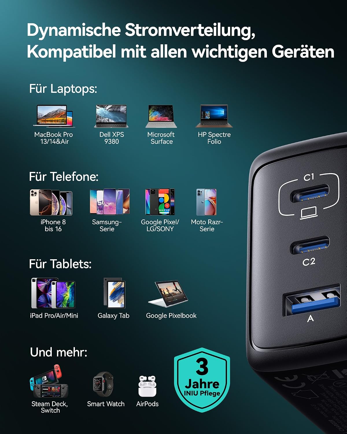 Thumbnail 6 de INIU 65W USB C Ladegerät – 3‑in‑1 Schnellladegerät