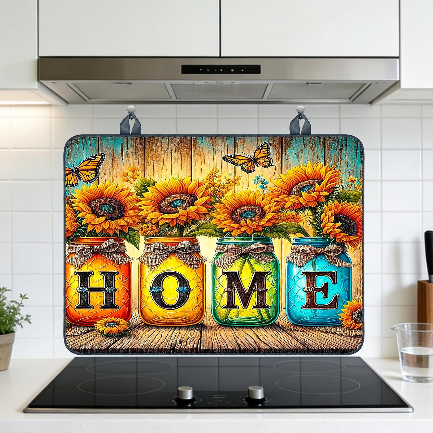 Detalle de Nuxovilar Sunflower Jar Stove Top Cover, 28.65 x 20.47-Inch Farmhouse Mat