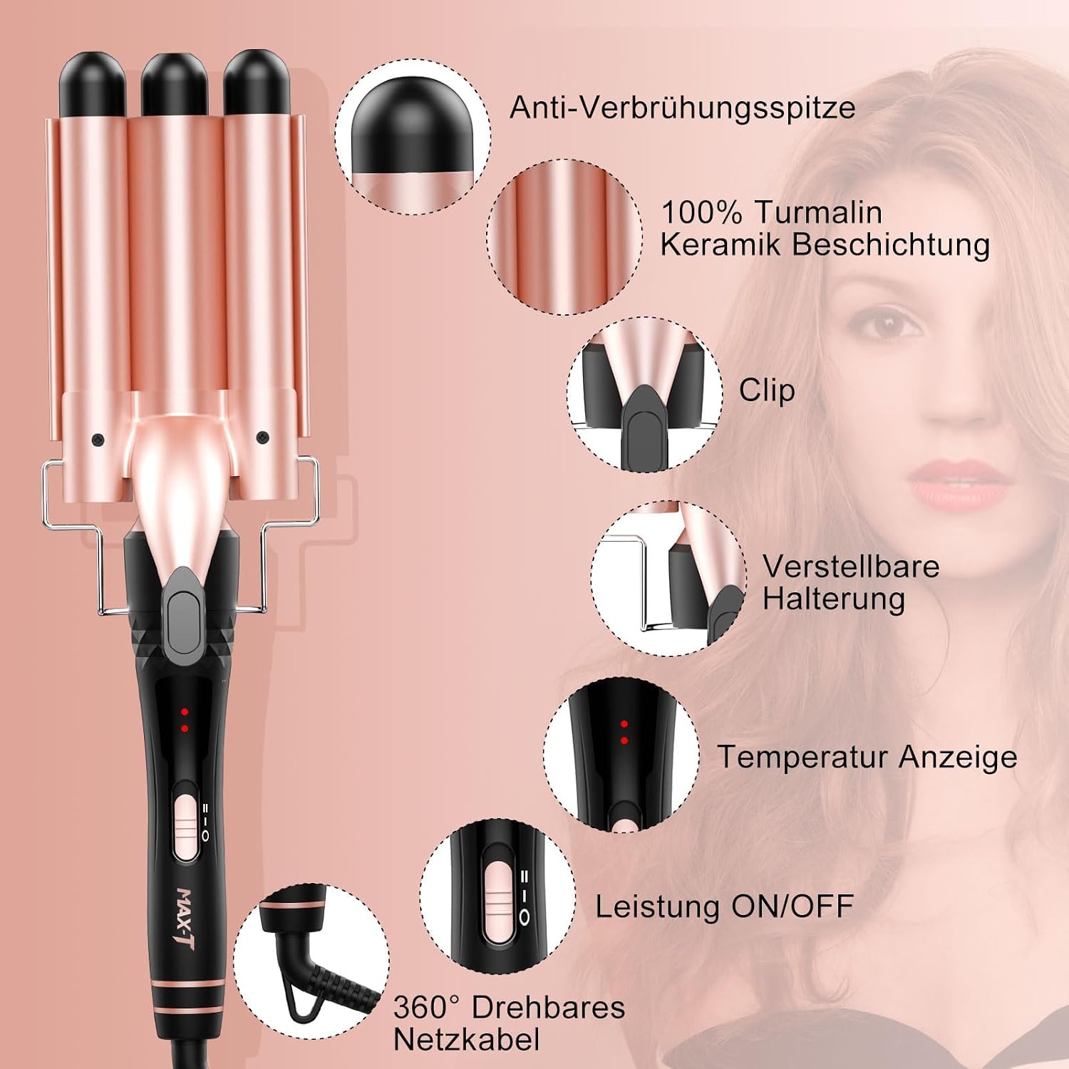 Thumbnail 5 de MAX-T 5-in-1 Lockenstab Set mit 3 Fassern und Aufsätzen 9–38 mm
